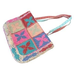 Vintage K.C Malhan Multicolor Hand-Beaded Shoulder Bag with Flower Motif Retro